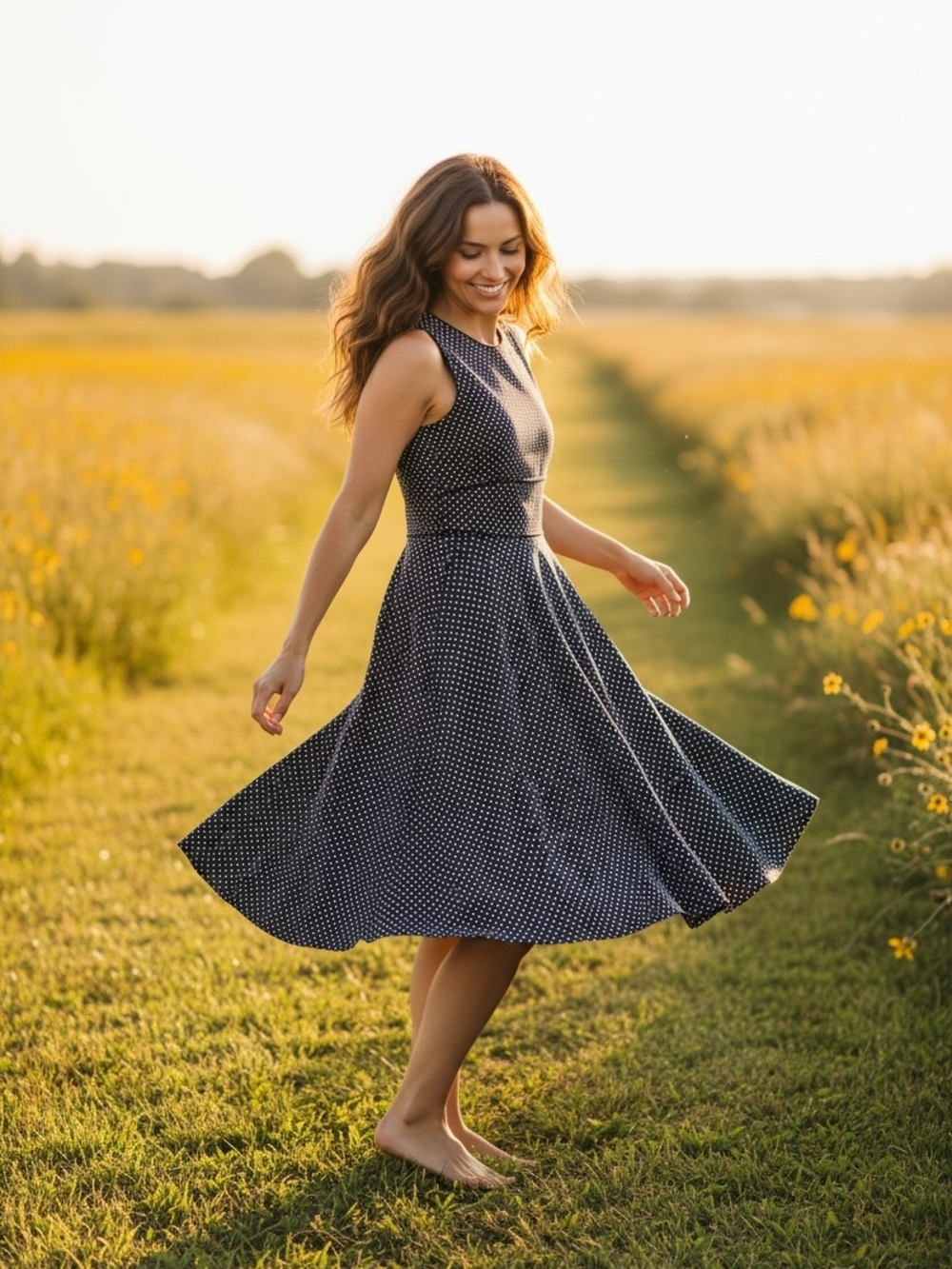 LOFT Navy Polka Dot Sleeveless Fit-and-Flare Midi Dress